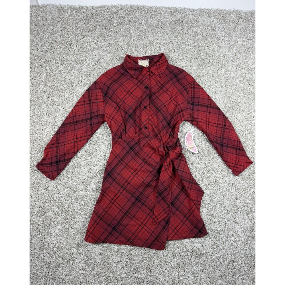 Btween Girls Plaid Shirt Dress Size 10 Red Black Belted Long Sleeve NWT